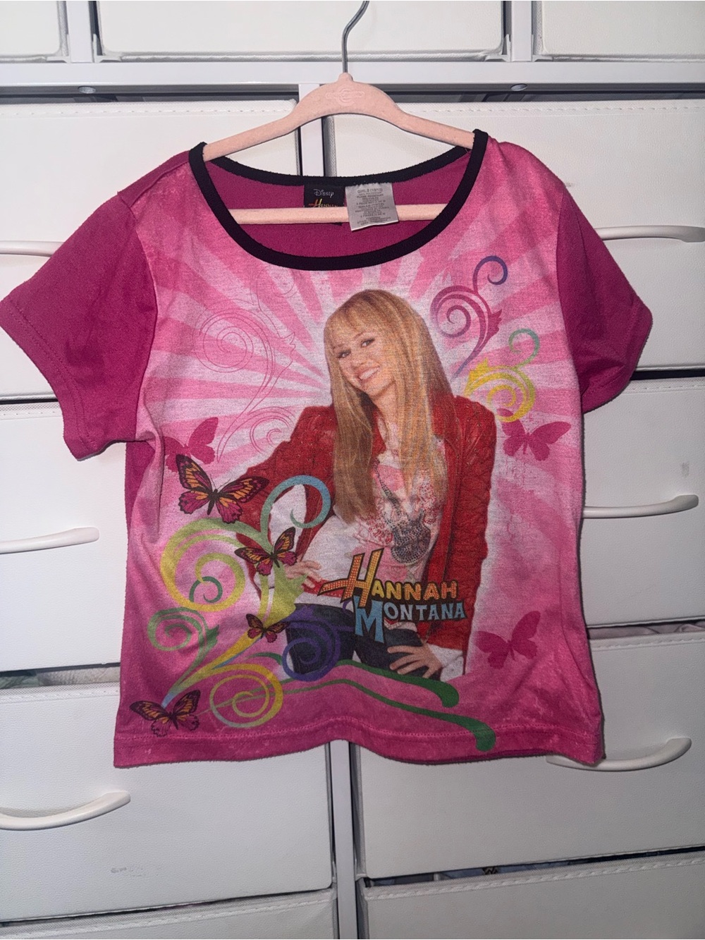 Vintage Y2K Hannah Montana Graphic Tee Pink Butterfly Shirt Girls 10/12 Fits XS